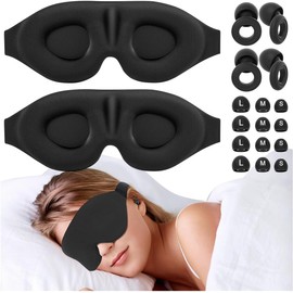 Kit 2pzs Antifaz para Dormir y 2 Pares Tapones Auditivos para Oidos,Sleep Mask 3D,360° De Oscurecimiento, Reducción de Ruido Profunda, Espuma Viscoelástica de Alta Densidad,para Oficina,Viajes (Negro+Negro)