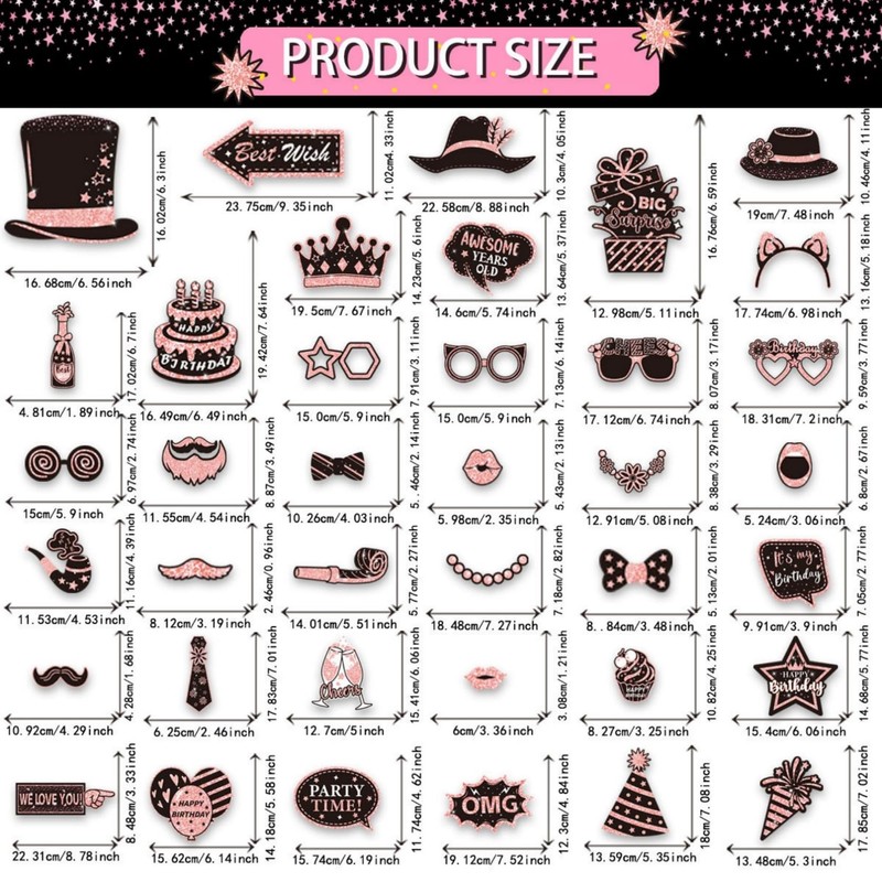 38 Pcs Birthday Photo Booth Props Kit-Pink