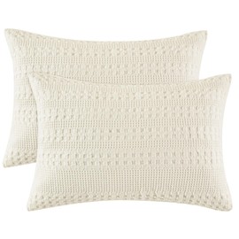 PHF 100% Cotton Waffle Pillow Shams Queen Size, 2 Pack 20" x 30" Soft Skin-Friendly Pillowcases, No Filling, Aesthetic Woven and Breathable Waffle Weave Pillow Case Covers for Bed, Ivory