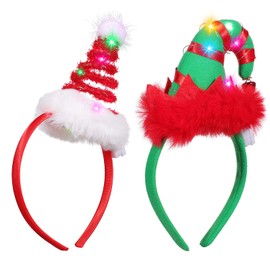 FRCOLOR Christmas Light up Headband Santa Hat Headband Christmas Elf HeaChristmas Head Boppers Feather Headband Light up Christmas Hairband for Women, Girls for Holiday Party, 2PCS(Green, Red)