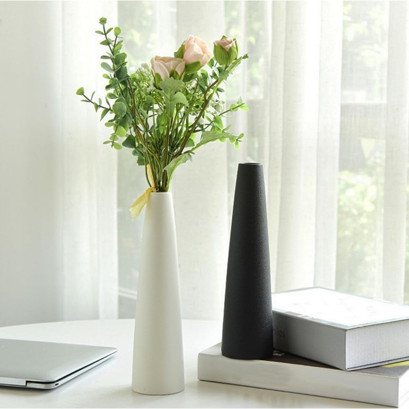 8.5 Inch Tall Conic Black Ceramic Flower Vase Small Bud