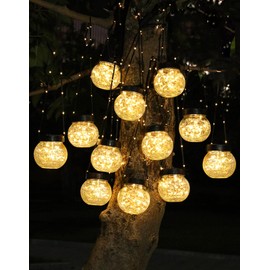 PARTPHONER Solar Lights Outdoor Waterproof 12-Pack, Solar Powered Hanging Lantern Cracked Glass Hanging Globes for Yard Decor Christmas Decoration, Shepherd Hook, Garden Tree Table Ornaments, Warm