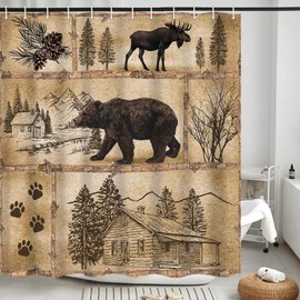 Rustic Bear Shower Curtain for Bathroom, Cabin Retro Bear Moose Deer Lodge Vintage Forest Country Farmhouse Bath Curtains Decor, Cloth Fabric Waterproof Polyester Set with 12 Hooks,72x84 Inch