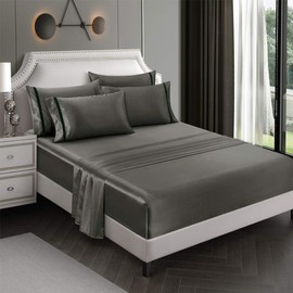 RevenRella 6 Piece Satin Sheet Set European Style Bedding Sets Deep Pocket 1800 Rich Silk Velet Ribbon Super Soft 4 Pillowcases Wrinkle Fade Resistant Esay Care Machine Wash (G-Grey,Queen)