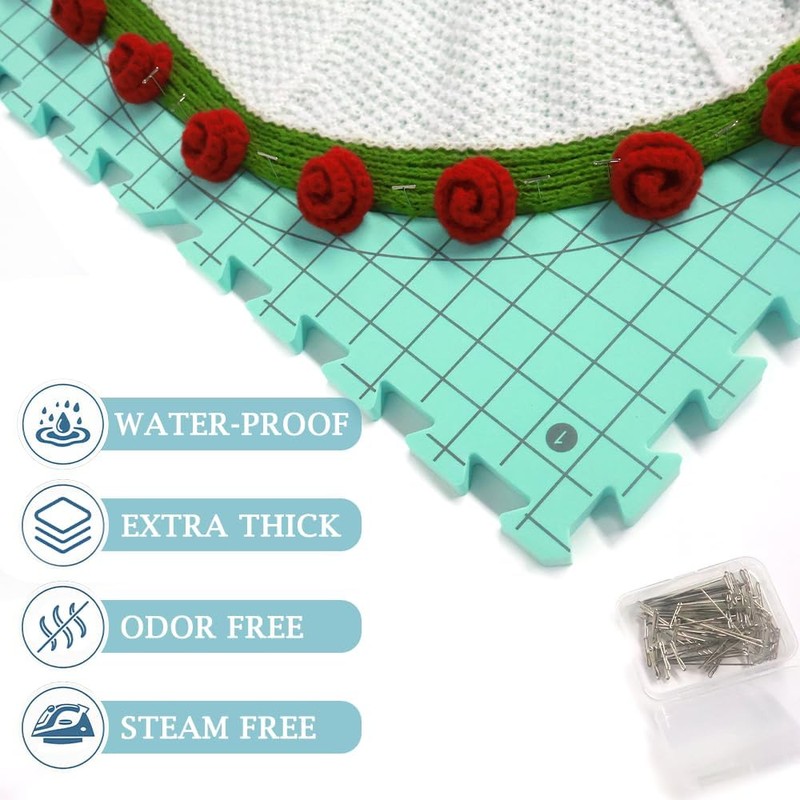 Knitiss 4 PCS Crochet Blocking Mats and Pins Set, 32x32cm