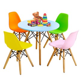 Costzon Kids Table and Chair Set, 5 PCS Mid-Century Modern Style Kids Desk Set w/Wood Legs, Iron Frame for Dining Drawing Playing & Strong Bearing Capacity, Toddler Table and Chairs (Colorful)