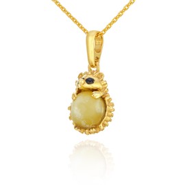 AMBEDORA Women's Small Necklace Hedgehog with Amber, Gold-Plated Sterling Silver, Baltic Amber in Milky Colour, Gold-Plated Pendant with Chain, Sterling Silver, Amber