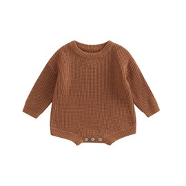 M9ppzzur7 Newborn Baby Girls Clothes Round Neck Long Sleeve Legless Ribbed Solid Color Knitted Romper Top Baby Girl Winter Fall Outfit (Brown, Newborn)