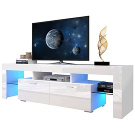 Henf Glossy White LED TV Stand for 65 Inch TVs, Entertainment Center with LED Lights, TV Stand with Storage Cabinet, Media Console Table Television Stand Desk for Living Room