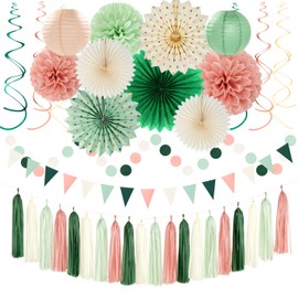Sage-Olive Green Pink-Beige Boho Party-Decorations - 33pcs Birthday Streamers Tassel Garland,Banner Tissue Pom Poms,Paper Lantern Fans,Rustic Neutral Wedding Baby Bridal Shower Engagement Decor Hugtmr