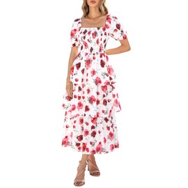 BTFBM Womens Square Neck Smocked Dress Summer Puff Short Sleeve Floral Casual Ruffle Tiered Maxi Wedding Guest Dresses(Floral White Red, Small)