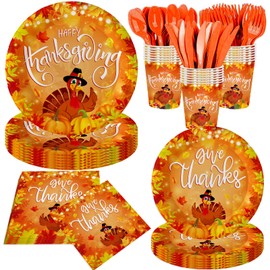 JLCFUTURE 140Pcs, Thanksgiving Day Party Supplies Plates and Napkins Happy Thanksgiving Decorations Tableware Set Fall Birthday Decorations Give Thanks Turkey Paper Plates, Serve for 20