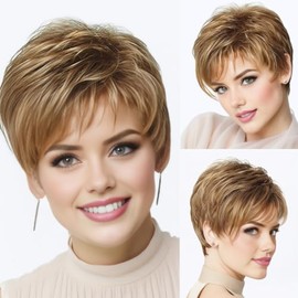 XIUFAXIRUSI XIUFAXIRUSI Pelucas Marrones De Capas Cortas Para Mujer Pelucas De Corte Pixie Rubio Mezclado Pelucas De Reemplazo De Cabello Sintético De