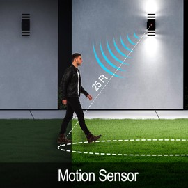 WISELUME Motion Sensor Outdoor Wall Lights, Cold Light with PIR Body Sensor, Black Aluminum Up & Down Porch Sconce, GU10 LED Bulbs Included, ETL Listed, Dusk to Dawn Garage & Garden Lighting Fixture