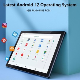 10.1 Inch Android 12 Tablet, Newest 2 in 1 Tablets, 4GB RAM+64GB ROM Quad-Core Processor, 1280*800 FHD Tableta with Keyboard/Mouse/Case/Stylus/Tempered Film, 8MP Dual Camera 6000mAh Battery 10" Tab PC