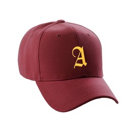 Daxton Structured Baseball Hat Cap Curved Visor Old English Font Alphabet A to Z, Burgundy Hat Gold A