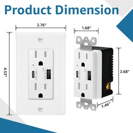 USB Outlet with 2 Ports (Type A+C), 15A Tamper-Resistant Electrical Receptacle, UL/FCC Listed, Wall Plate Included for Bedroom, Kitchen, Bathroom, Office, 2-Pack, White