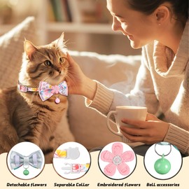 Cat Collar Breakaway, HYQHYX Floral Kitten Collar with Bell, Cute Cat Collar with Bow for Girl Boy Removable Bowtie