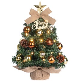 Mini Christmas Tree, Small Christmas Tree with LED Lighting, Artificial Table Christmas Tree, Decorated, for Christmas Decoration, 40 cm (Brown with Gold)