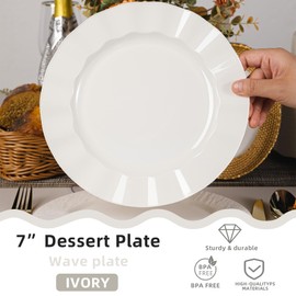 NZVCN 72 Pack Ivory Plastic Plates, 7" Disposable Wave Salad/Dessert Plates Elegant Heavy Duty Plate for Party, Wedding, Thanksgiving, Christmas