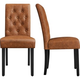 Yaheetech Upholstered Dining Chairs Set of 2 Modern Leather Parsons Kitchen Chairs with Button Tufted High Back and Solid Wood Legs and for Dining Room/Living Room/Restaurant, Retro Brown
