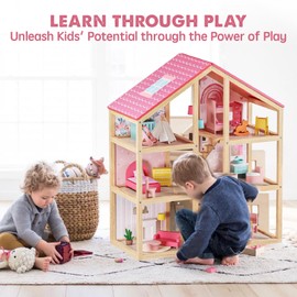 Tiny Land Wooden Dollhouse for Girls - 6 Rooms Wooden Doll House, DIY Pretend Doll House with 31Pcs Furniture Accessories, Creative Gift for Girl Ages 3+