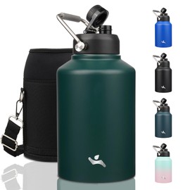 Konokyo 1 Gallon Jug with Handle,128 oz Insulated Water Bottle with Carrying Pouch, Double Wall Vacuum Stainless Steel Metal Bottle,Dark Green