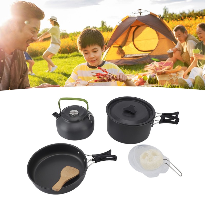 Camping Cookware Portable Nonstick Pot and Pan Set with Kettle