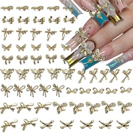 60 Pcs Alloy Bow Nail Charms for Nails 3D Gold Nail Charms Shiny Bow Butterfly Nail Gems for Acrylic Nails Luxury Metal Nail Art Studs Rhinestones Bow Nail Jewelry for Women Girls Manicure Accessories