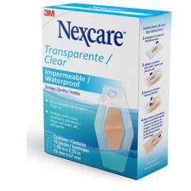 Nexcare, 3M, Venditas Impermeables Transparentes, Resistente al agua, Tamaño Regular, Protegen Heridas Menores, sin Látex, Sello de 360 Grados, 26mm x 57mm, Caja de 15 pzs