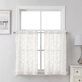 Lecloud Leia - Cortinas traslúcidas de color marfil de 30 pulgadas de largo, 2 unidades, cortinas cortas de gasa con textura de hojas jacquard, con doble bolsillo para barra, estilo campestre para