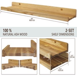 Handcrafted, Floating Shelves for Wall 24 inch, Waterproof, Wall Storage Shelves with Lip, Display Picture Ledge Shelf for Living Room Photo Frame, Natural Wood Hanging Book Shelves (White, Set 2)