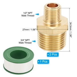 PATIKIL Brass Pipe Fittings Coupler Set, 2Pcs 1/2" x 3/4" NPT Male Thread Brass Hex Nipple Coupling Reducer Adapter Tubing Connector Adaptor with PTFE Tape for Water, Air, Oil, Gas Line
