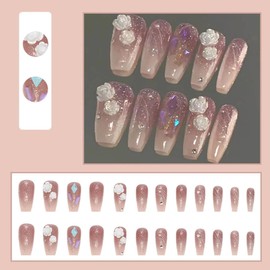 BHIPKOT Pack of 24 Simple French Diamond Nail Art, Glitter Gold Foil Nail Piercing, Fake Nails for Women and Girls