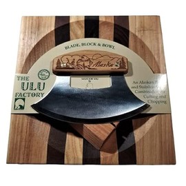 The Ulu Factory Ulu Knife and Chopping Bowl Board Set, Bear and Mountain, Made in Alaska