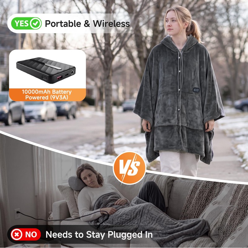 Cordless Wearable Heated Blanket with Hood,battery powered 10000mAh,38x67
