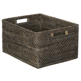 Loma Rectangular Rattan Storage Basket with Cut-Out Handles - Black-Wash - Coastal-Inspired Handwoven Rattan Basket for Home Organization & Décor