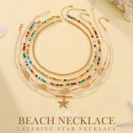 Reaky Boho Beaded Necklaces Gold Starfish Layered Necklace 5 Pcs Seashell Necklaces Summer Beach Accessories for Women