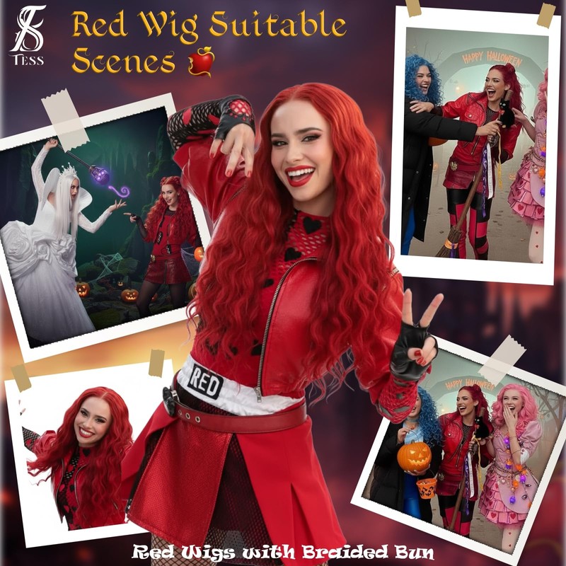 TESS Red Wig with Bun Long Wavy Hair Wigs Halloween