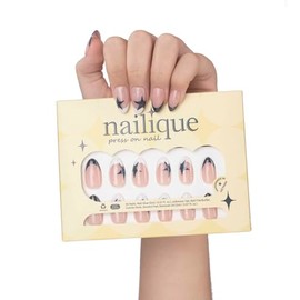 Nailique French Navy Blue Star Press On Nails - Hand-painted Short Almond 26 Nails Set Fake Nails Reusable Kit Nail Art Design