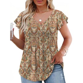 Plus Size Womens Tops Fashion V Neck Shirts Flowy Ruffle Short Sleeve Going Out Pleated Floral Print Tunics 2X