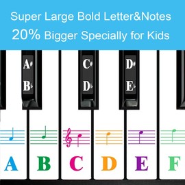 Piano Keys Stickers for Keyboards with 88/61/54/49/37 Keys for White and Black Keys, Colour Larger Letters Transparent and Removable