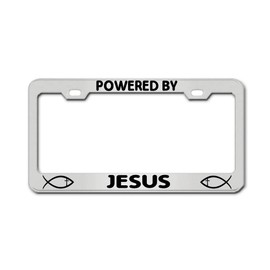 Powered by Jesus Chrome Tag Holder License Plate Frame Auto