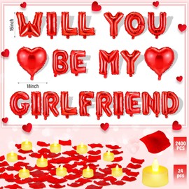HyDren 18" Will You Be My Girlfriend Balloons Letters Kit Include Heart Shaped Balloons and LED Tealight Candles with Rose Petals Romantic Girlfriend Proposal Kit Valentines Day Decorations(Red)