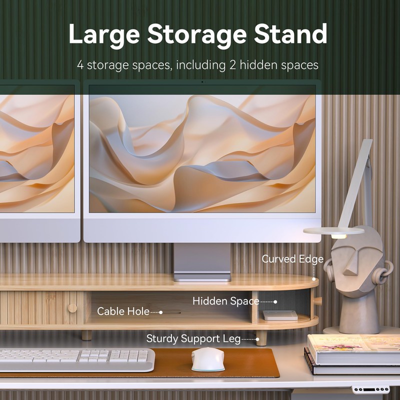 WELL WENG Bamboo Dual Monitor Stand with Storage, Curved Double