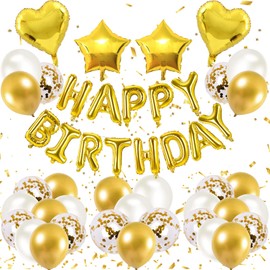 EXGOX Birthday Party Decorations + Balloons Set, Happy Birthday Garland, Heart Balloons, for Boys and Girls (Gold)
