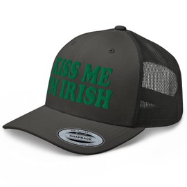 RIVEMUG NX1 Kiss Me I'm Irish Embroidered Curved Bill Trucker Hat Mid Crown Adjustable St Patrick Cap Charcoal