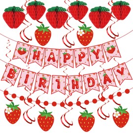 Berry First Birthday Party Decorations – Strawberry Theme Banner, Hanging Swirls, Honeycomb Balls – 12PCS Complete Set – Pink & Red – Baby Shower, Fruit Party Decor