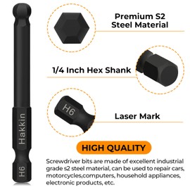 Hakkin 7Pcs Ball End Allen Key Bit Set S2 Steel Hex Bits 1/4" Hex Shank Magnetic Hex Allen Wrench Screwdriver Bits for Furniture Assembly Phosphating Black 65mm Metric H2-H8