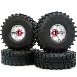 HOBBYSOUL RC Adjustable 4 Offsets 2.2 Beadlock Wheels & Tires, Height 5.7'' / 145mm Tires and Negative Offset 2.2 Wheels rims Silver For RC Mud Crawler Trail,(4-Pack)